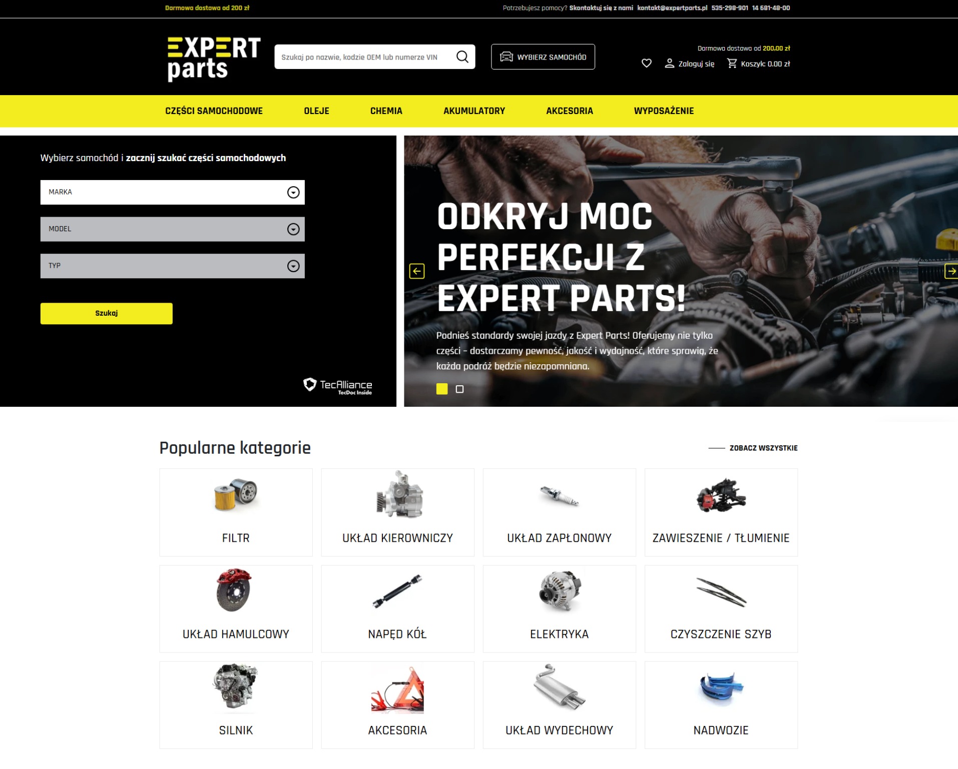 Strona główna sklepu internetowego z częściami samochodowymi Expert Parts, z wyszukiwarką części po marce, modelu i typie pojazdu, prezentująca popularne kategorie produktów, takie jak filtry...