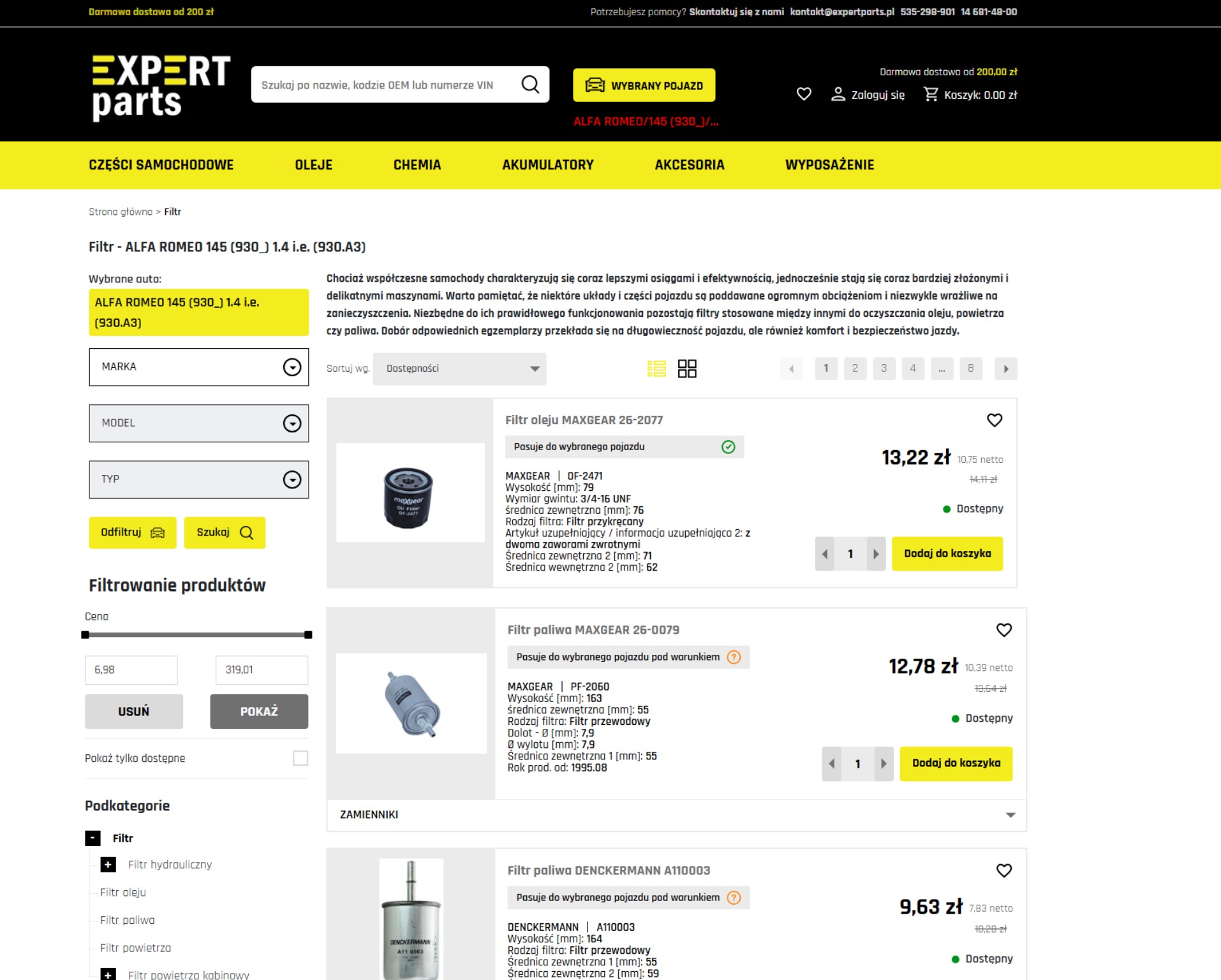 Strona sklepu internetowego z częściami samochodowymi ExpertParts.pl, prezentująca filtry oleju i paliwa MAXGEAR oraz DENCKERMANN, wraz z cenami, dostępnością i opcjami dodania do koszyka.