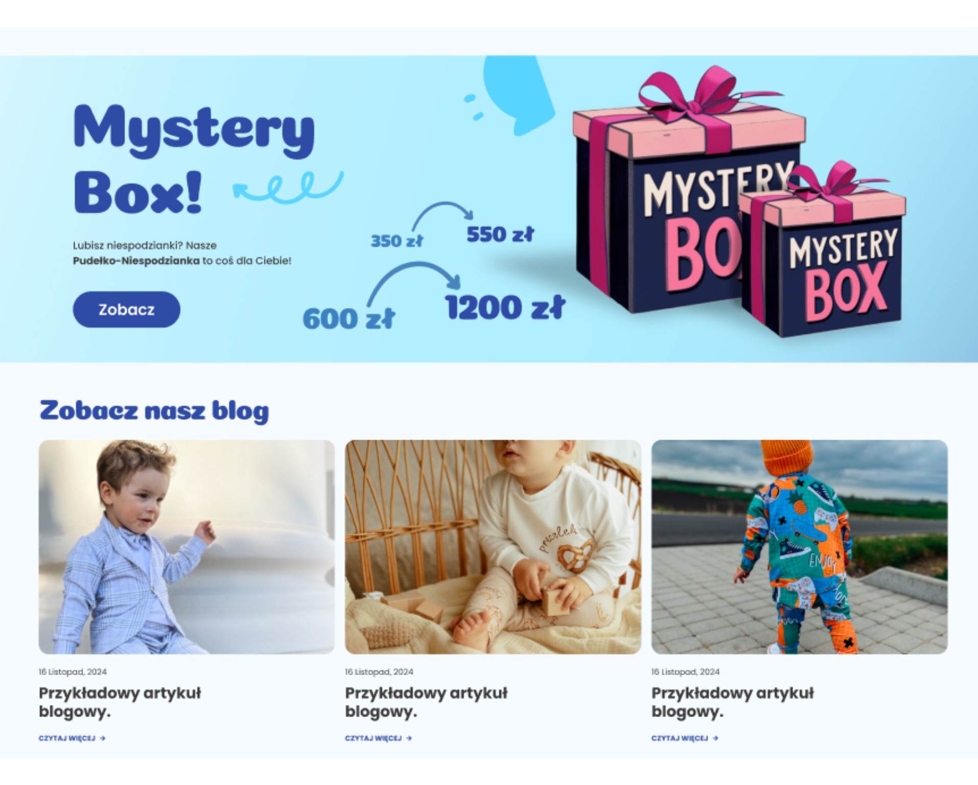 Grafika reklamowa pudełek niespodzianek Mystery Box z różnymi wariantami cenowymi i odnośnikiem do bloga z artykułami.