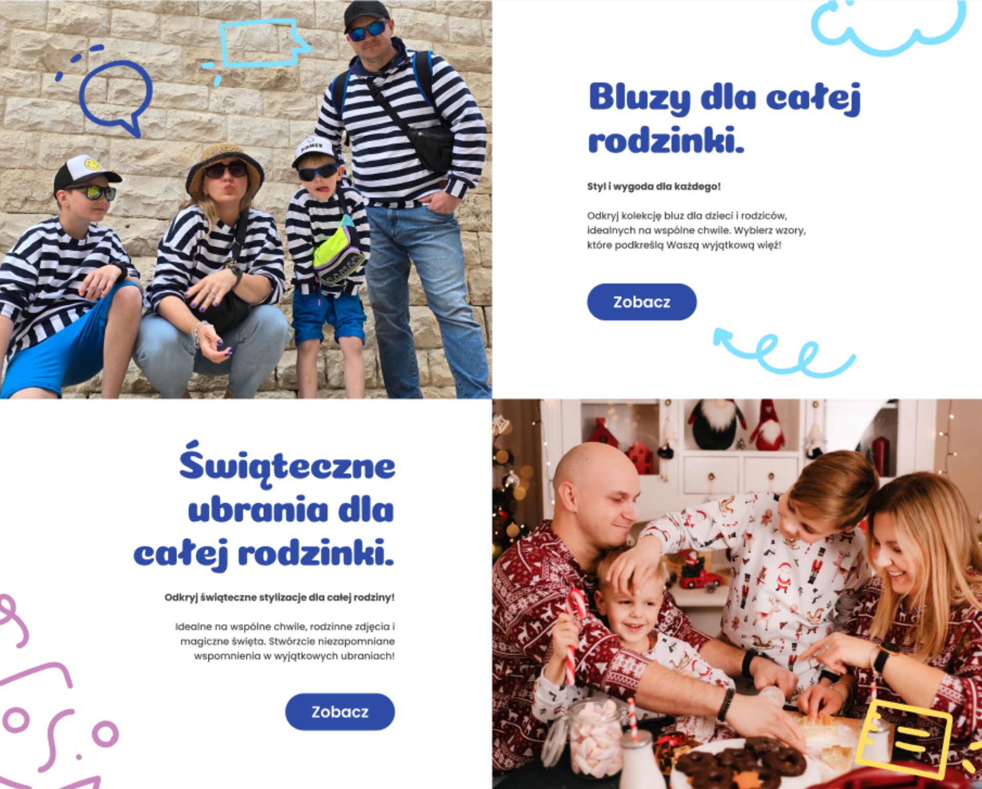 Rodzinne zdjęcia w pasujących bluzach w paski: rodzice i dzieci pozują na tle kamiennej ściany. U góry i na dole zdjęcia teksty reklamowe o bluzach dla całej rodziny oraz świątecznych ubraniach.