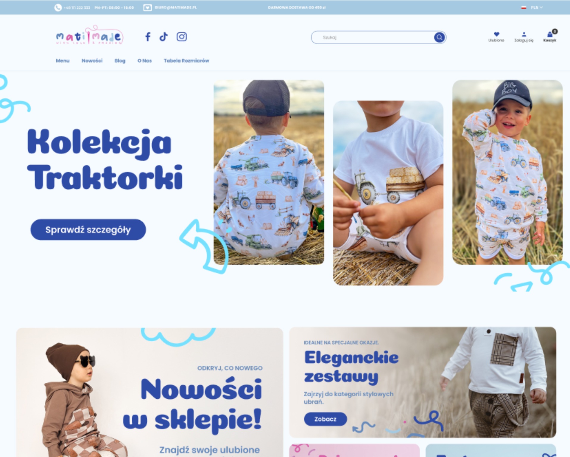 Projekt strony internetowej sklepu z odzieżą dziecięcą, prezentujący kolekcję ubrań z motywem traktora na tle pola zboża.