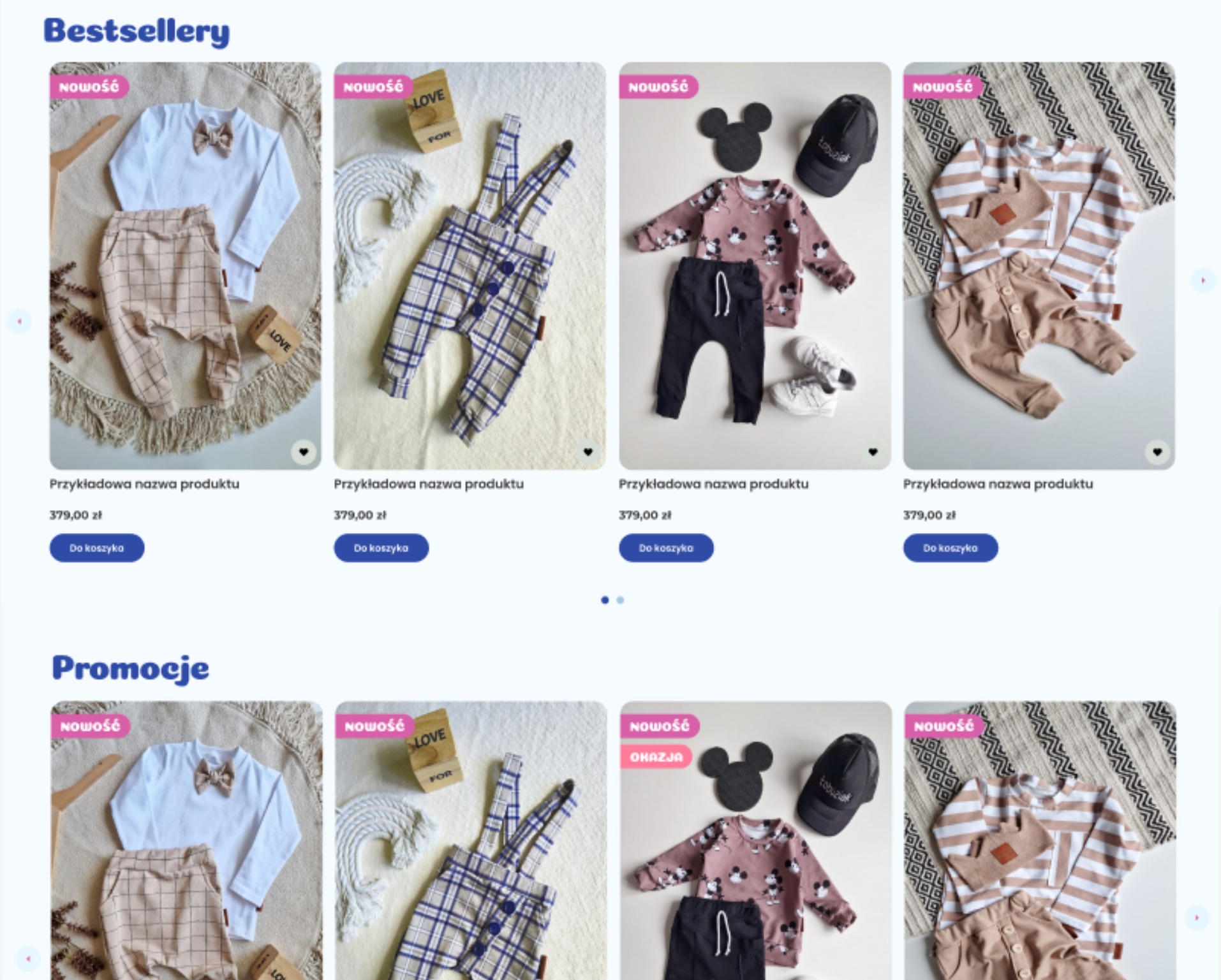 Zestawy dziecięce ubrań: koszule, spodnie, ogrodniczki, bluzy i akcesoria, zaprezentowane na stronie sklepu internetowego z odzieżą dla dzieci.