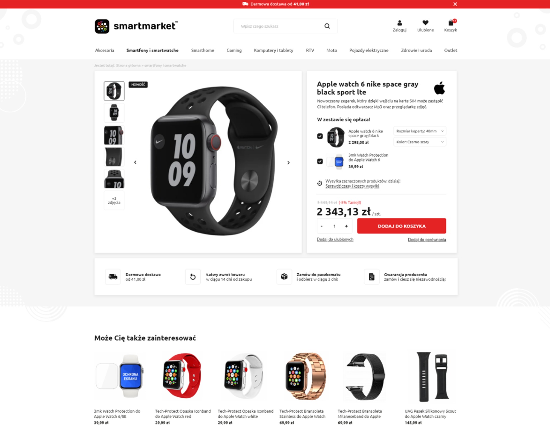 Czarny smartwatch Apple Watch Nike Space Gray Black Sport z widoczną tarczą wyświetlającą godzinę 10:09, prezentowany na stronie sklepu internetowego smartmarket.pl, z informacjami o cenie...