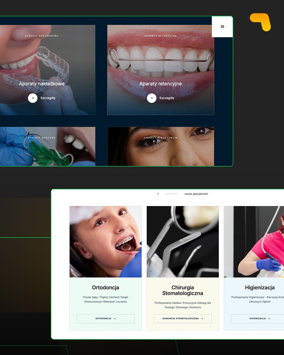 Strona internetowa dentysty z ofertą: aparaty nakładkowe, retencyjne, ruchome, stałe, ortodoncja, chirurgia stomatologiczna, higienizacja. Minimalistyczny design.