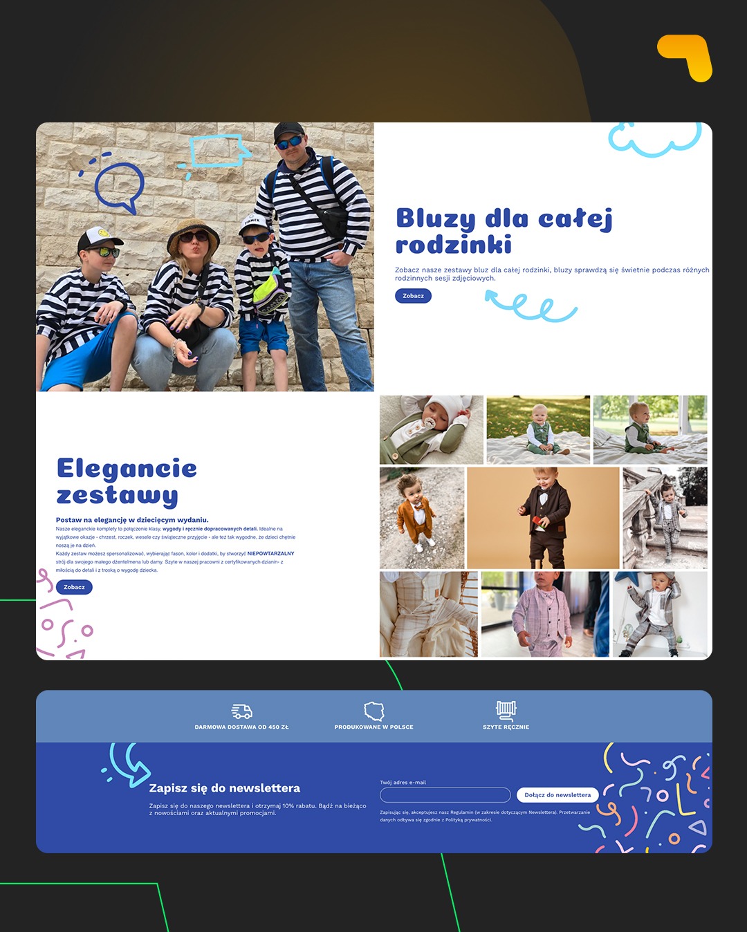 Projekt strony internetowej z rodziną w bluzach w paski, prezentujący ofertę bluz dla całej rodziny i eleganckich zestawów dla dzieci. Newsletter na dole.