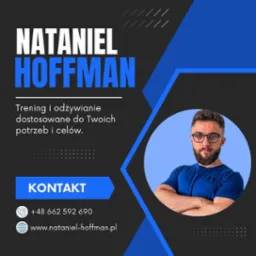 Grafika reklamowa z portretem mężczyzny w okrągłym obramowaniu, informująca o treningu i odżywianiu dostosowanym do potrzeb, z danymi kontaktowymi.