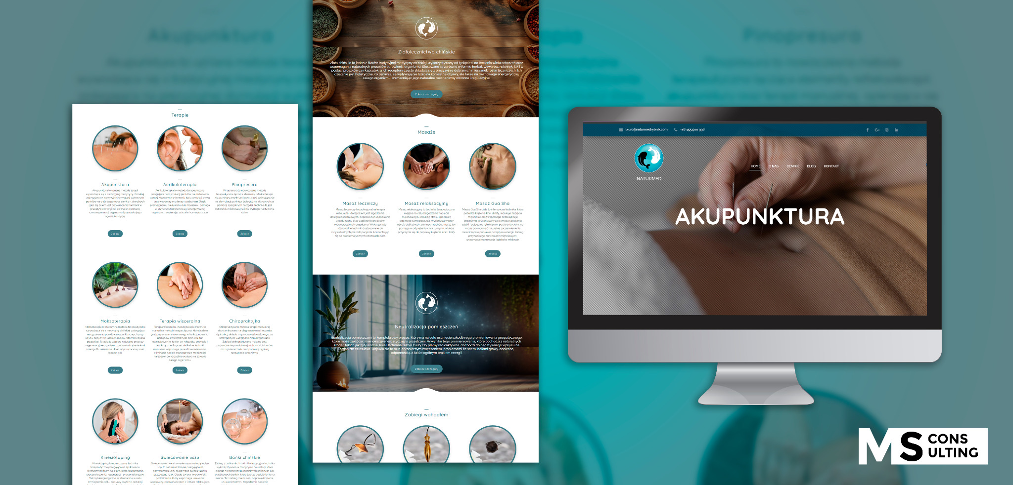 Mockup strony internetowej firmy Naturmed prezentujący ofertę akupunktury, z widocznymi sekcjami terapii, masaży oraz ziołolecznictwa chińskiego na tle tealowym.