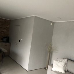 Firma OgólnoBudowlana Karol Szynkiewicz - Jasne, szare wnętrze pokoju z gładkimi ścianami, minimalistycznym wystrojem i sofą z poduszkami.