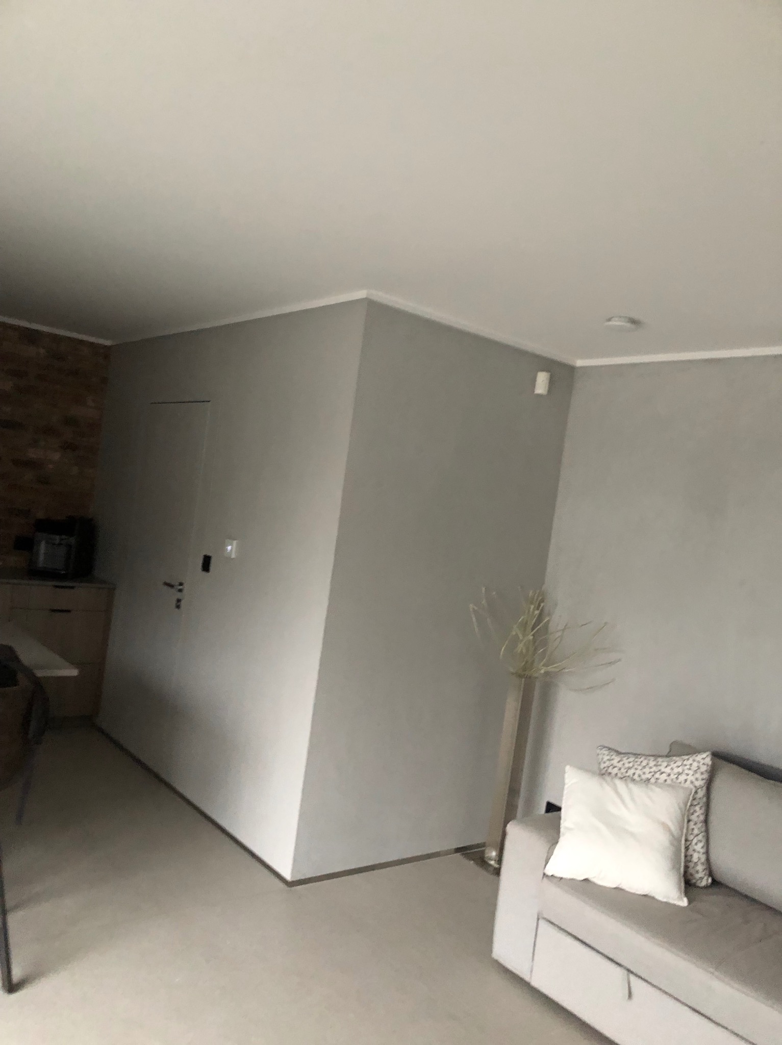 Jasne, szare wnętrze pokoju z gładkimi ścianami, minimalistycznym wystrojem i sofą z poduszkami.