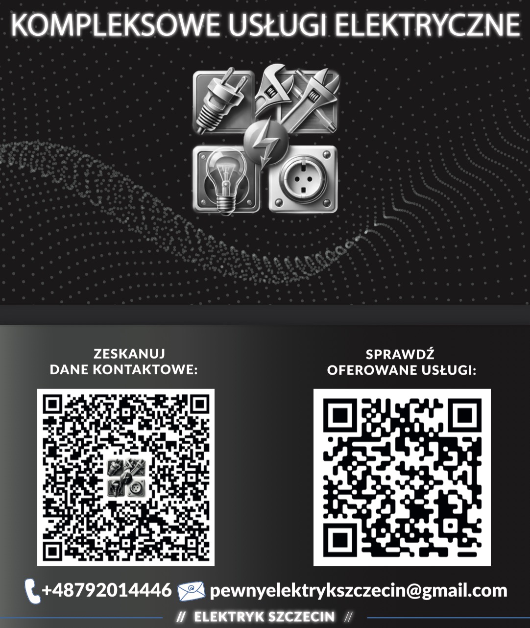 Grafika reklamowa usług elektrycznych w Szczecinie: ikony narzędzi elektrycznych (wtyczka, klucz, żarówka, gniazdko) w kwadratowych ramkach, kody QR do skanowania danych kontaktowych i oferowanych...