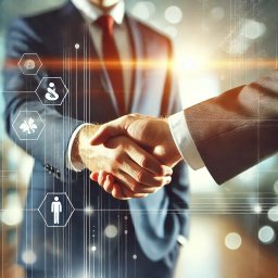 TDK&ProService - Uścisk dłoni dwóch mężczyzn w garniturach, z nałożonymi cyfrowymi ikonami i siatką, symbolizujący umowę lub partnerstwo biznesowe.