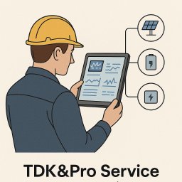 TDK&ProService - Ilustracja: Inżynier w kasku analizuje dane na tablecie, schemat fotowoltaiki, akumulatora i energii. TDK&Pro Service.