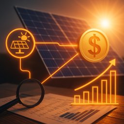 TDK&ProService - Panel słoneczny z grafiką wzrostu finansowego, lupa na dokumentach. Koncepcja oszczędności i zysków z energii odnawialnej w ciepłym oświetleniu.