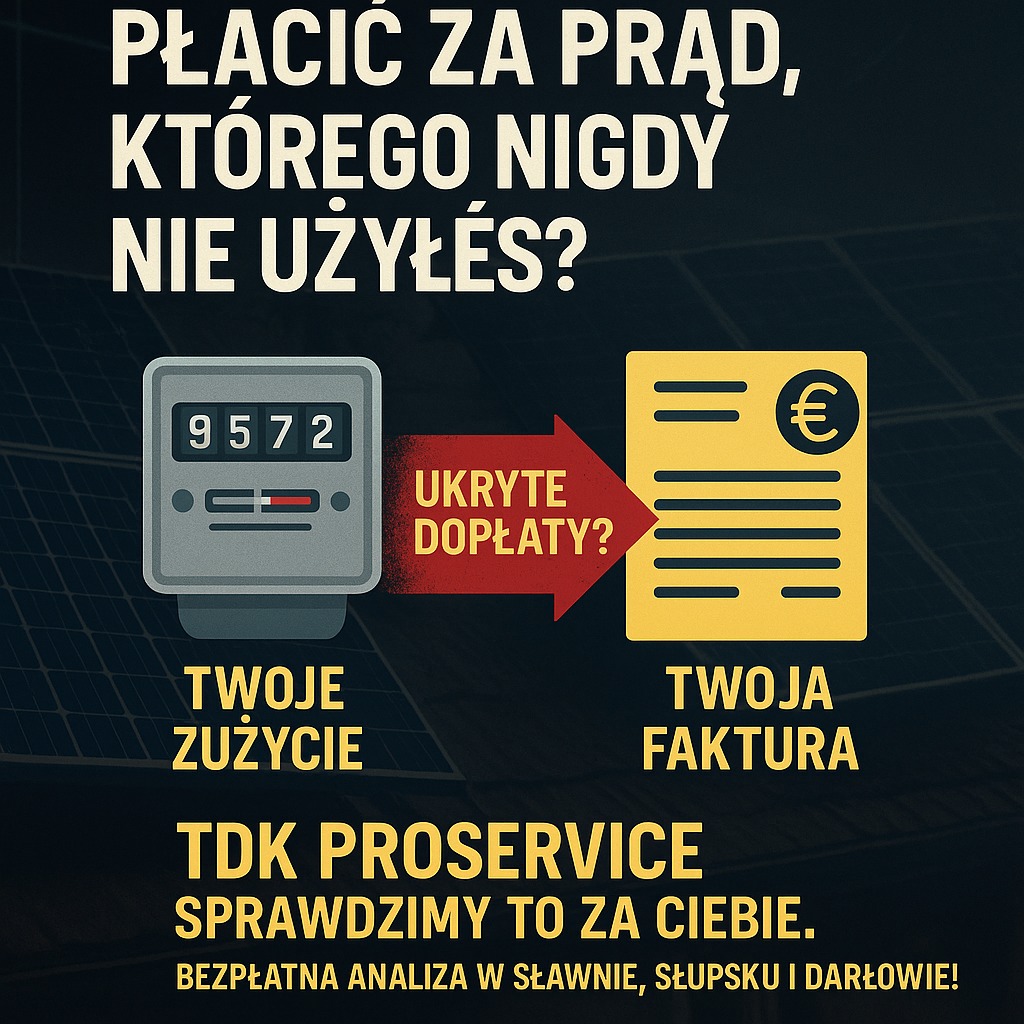 Grafika: licznik energii, faktura z euro, strzałka z napisem 'ukryte dopłaty'. Hasło: 'Płacić za prąd, którego nigdy nie użyłeś?' Bezpłatna analiza TDK Proservice.