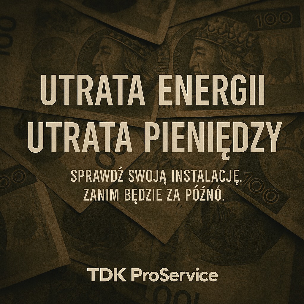 Grafika z hasłem 'Utrata energii, utrata pieniędzy' na tle banknotów, zachęcająca do sprawdzenia instalacji przez TDK ProService.