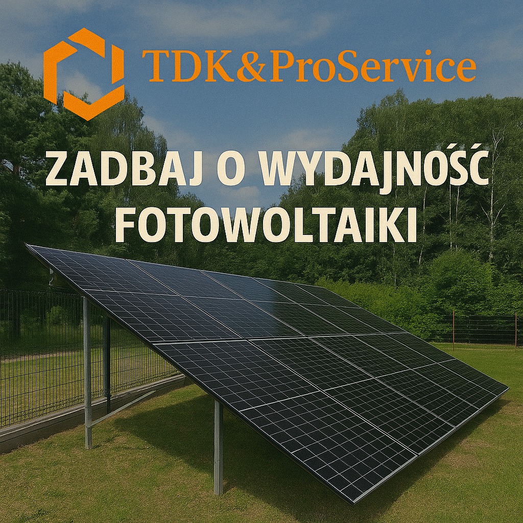 Panel fotowoltaiczny na trawie z tekstem 'Zadbaj o wydajność fotowoltaiki' i logo firmy TDK&ProService na tle zieleni i błękitnego nieba.