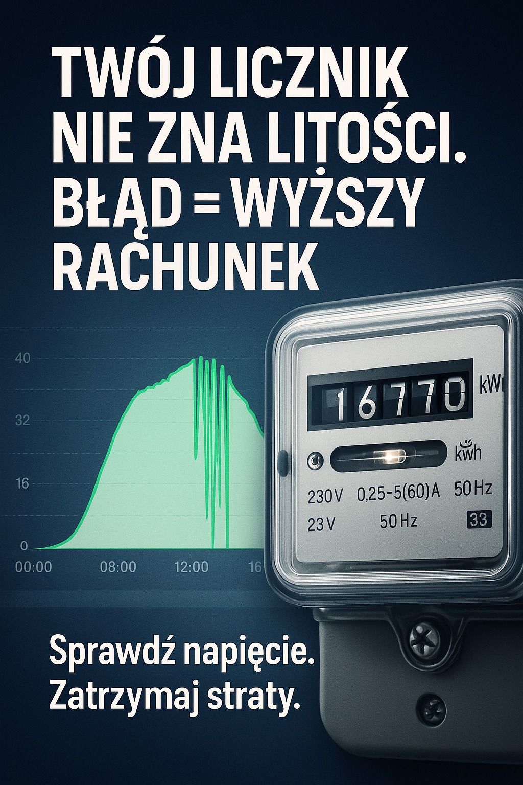 Licznik energii elektrycznej z wykresem produkcji, wskazujący na potencjalne straty. Hasło: Sprawdź napięcie. Zatrzymaj straty.