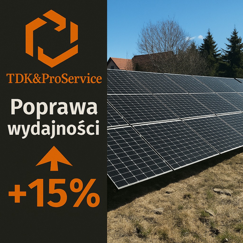 Panele fotowoltaiczne na tle błękitnego nieba, z informacją o 15% poprawie wydajności. Na pierwszym planie logo firmy TDK&ProService.