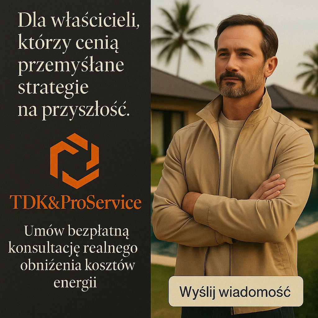 Mężczyzna na tle domu z palmami, obok logo firmy TDK&ProService oferującej konsultacje obniżenia kosztów energii. Grafika reklamowa.