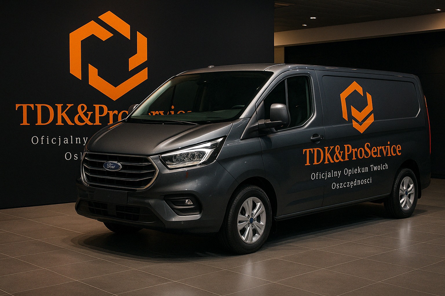 Szary Ford Transit Custom z pomarańczowym logo TDK&ProService na tle ciemnej ściany z tym samym logo. Prezentacja marki i floty pojazdów.