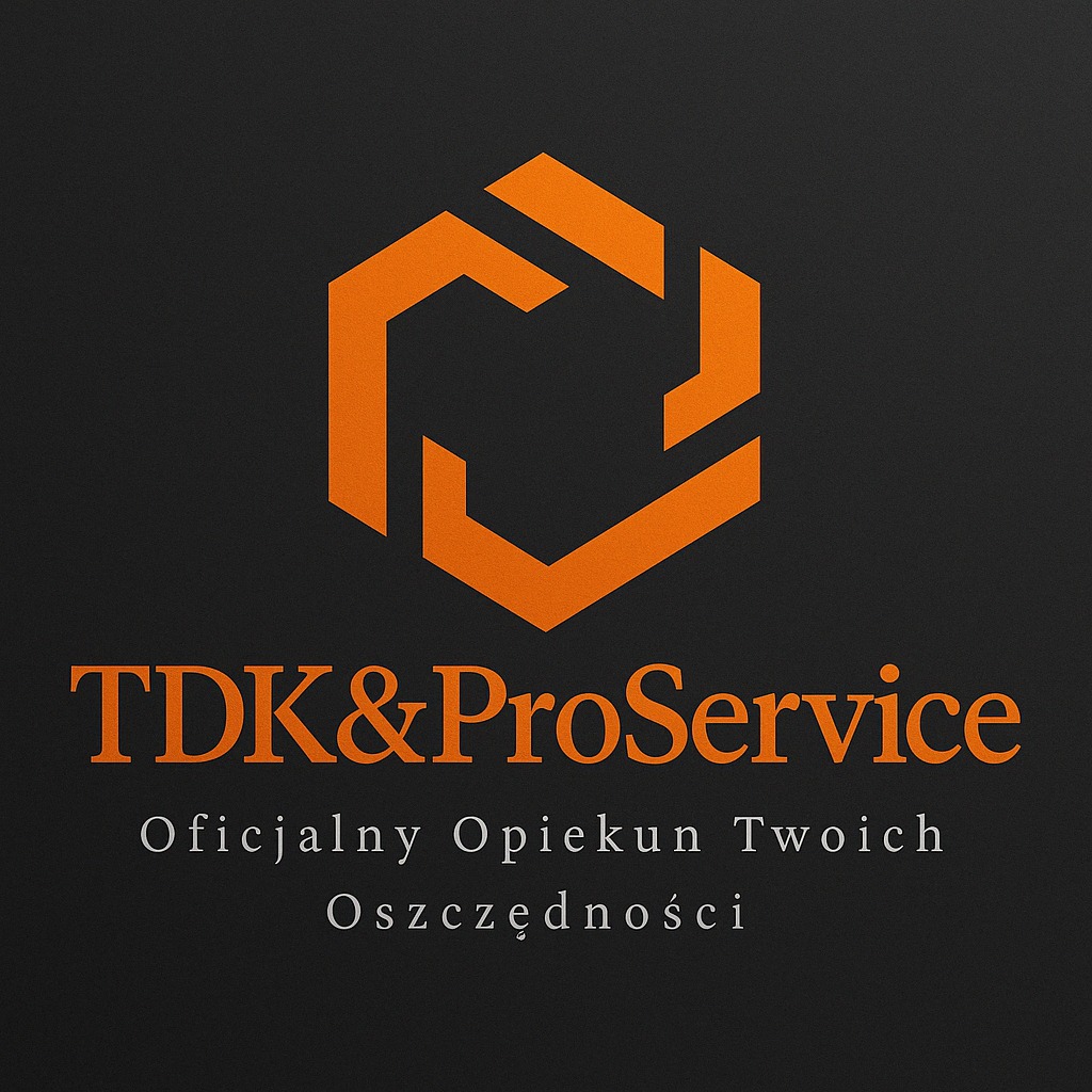 Pomarańczowe logo TDK&ProService z hasłem 'Oficjalny Opiekun Twoich Oszczędności' na ciemnoszarym tle. Grafika w stylu korporacyjnym.