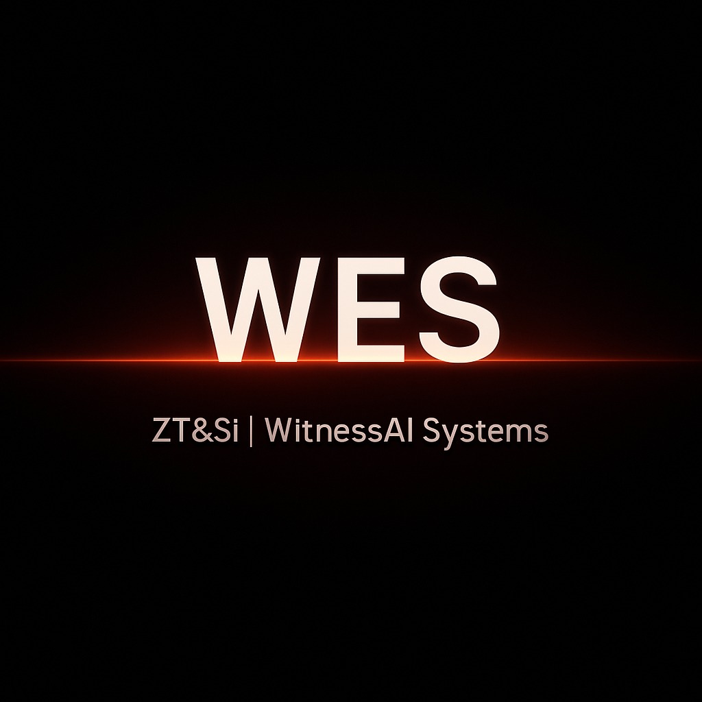 Grafika z napisem 'WES' i 'ZT&Si | WitnessAI Systems' na czarnym tle z poziomą pomarańczową linią. Minimalistyczny design.