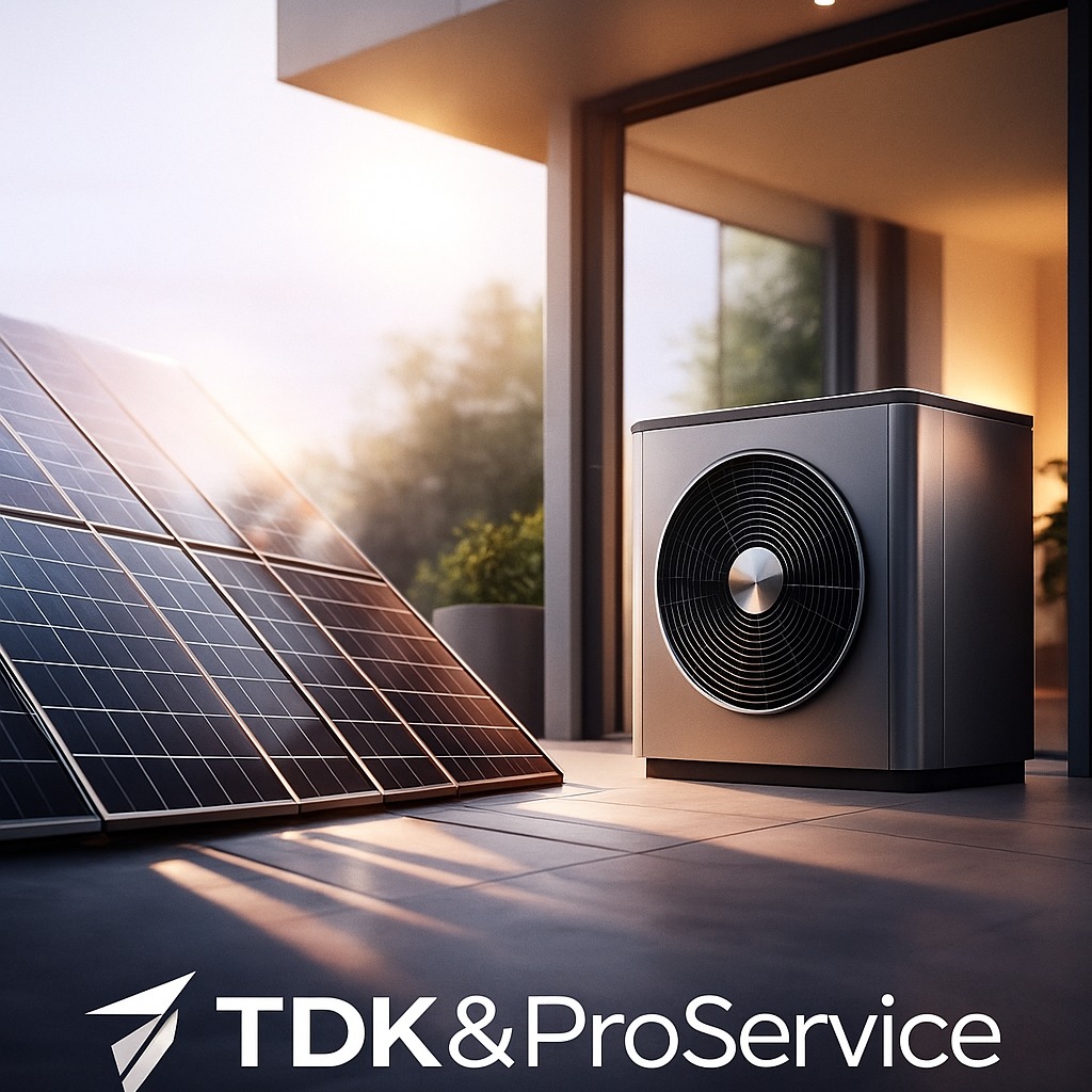 Nowoczesny system: panele słoneczne i pompa ciepła na tle minimalistycznego domu. Promienie słońca podkreślają ekologiczny charakter instalacji.