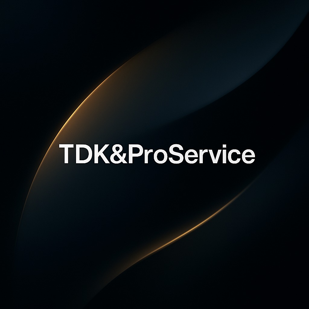 Eleganckie logo 'TDK&ProService' w bieli na abstrakcyjnym, ciemnym tle z subtelnymi, złotymi akcentami świetlnymi. Minimalistyczny design.