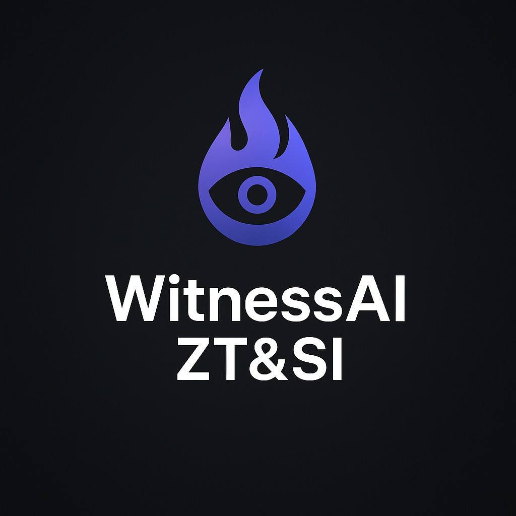 Logo WitnessAI ZT&SI: płomień z okiem w odcieniach fioletu nad białym napisem na czarnym tle. Minimalistyczny design.