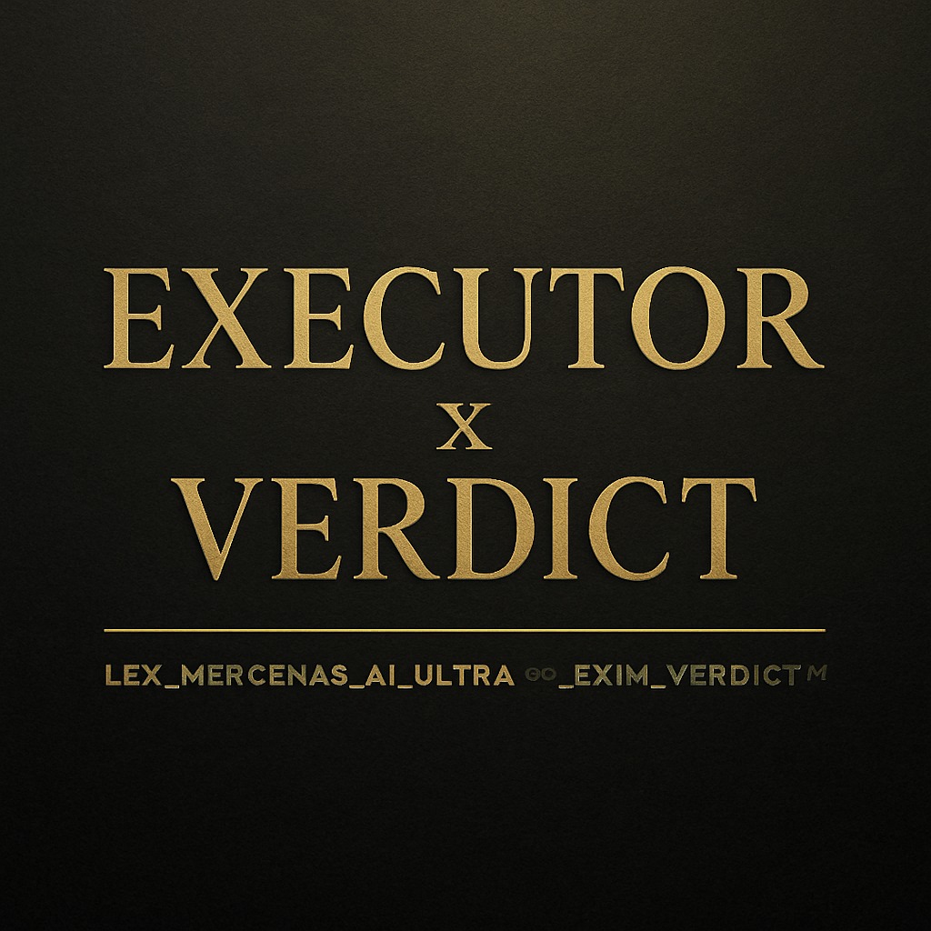 Elegancki, czarny plakat z złotym napisem 'EXECUTOR x VERDICT' i subtelnymi detalami tekstowymi na dole, tworzący wyrafinowany i minimalistyczny design.