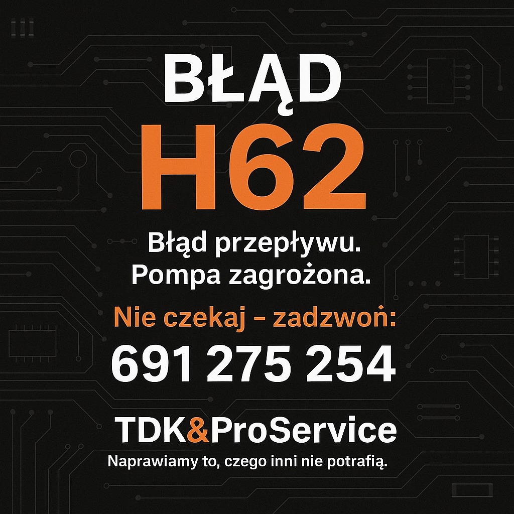 Grafika z komunikatem o błędzie H62 i zagrożeniu pompy, numer telefonu serwisu TDK&ProService na czarnym tle z motywem obwodów drukowanych.