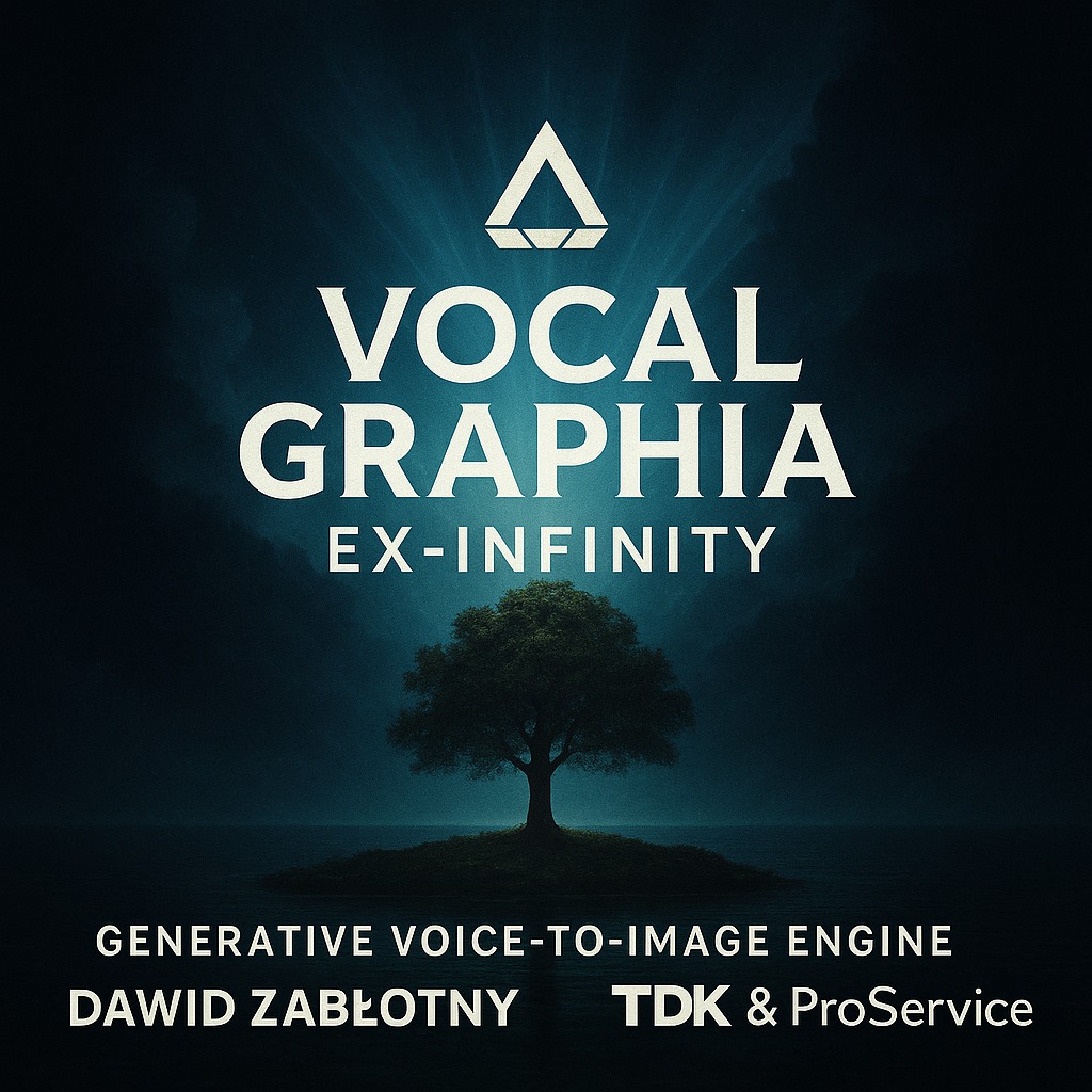 Grafika z tytułem 'Vocal Graphia EX-INFINITY', drzewem na wyspie i informacją o 'Generative Voice-to-Image Engine' Dawida Zabłotnego, TDK & ProService.