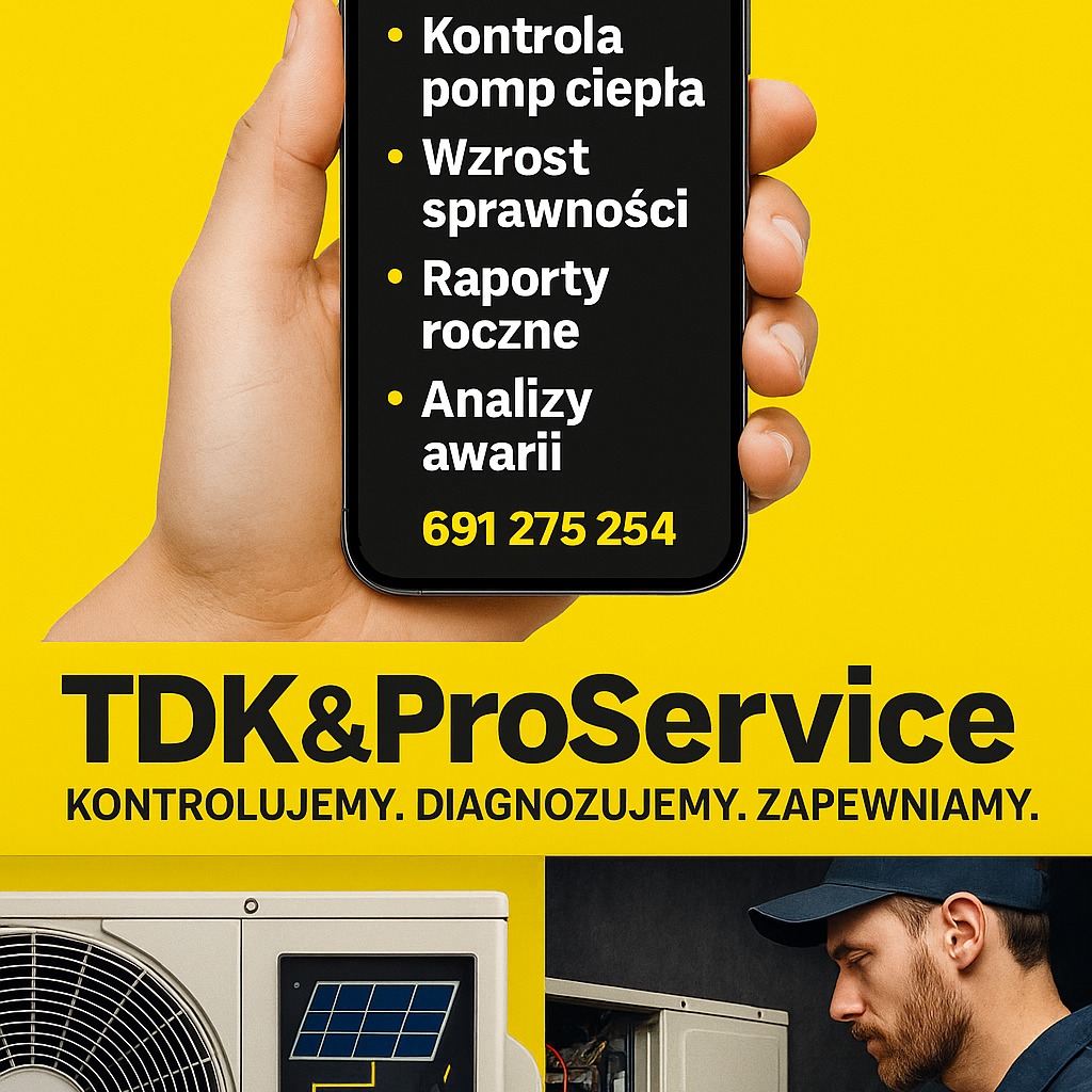 Żółte tło z dłonią trzymającą telefon z ofertą: kontrola pomp ciepła, wzrost sprawności, raporty roczne, analizy awarii i numer telefonu. Logo TDK&ProService.
