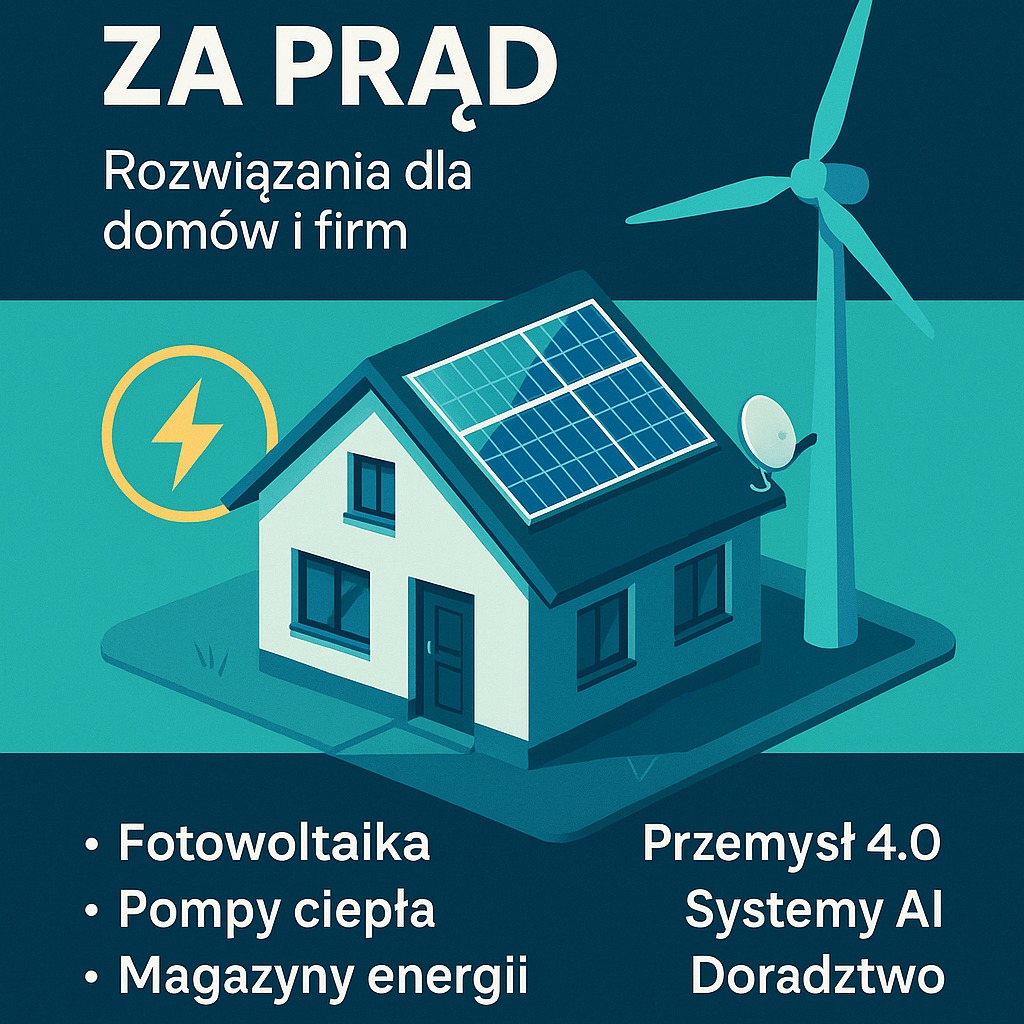 Grafika: dom z panelami słonecznymi, turbina wiatrowa, napis 'ZA PRĄD'. Rozwiązania dla domów i firm. Fotowoltaika, pompy ciepła, magazyny energii.