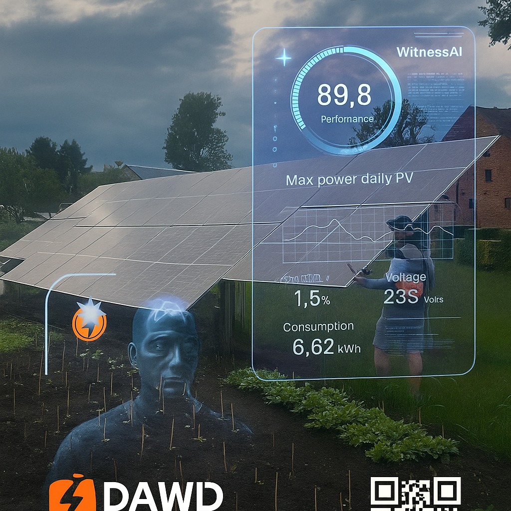 Grafika prezentująca wydajność paneli fotowoltaicznych z danymi: 89,8% performance, 1,5% zwrot, zużycie 6,62 kWh, napięcie 23S V. W tle panele i osoba.