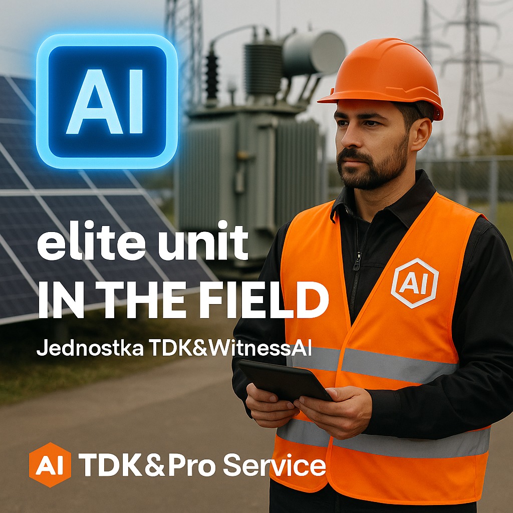 Mężczyzna w kasku i kamizelce odblaskowej, z tabletem, na tle paneli słonecznych i transformatora. Logo AI TDK&Pro Service.