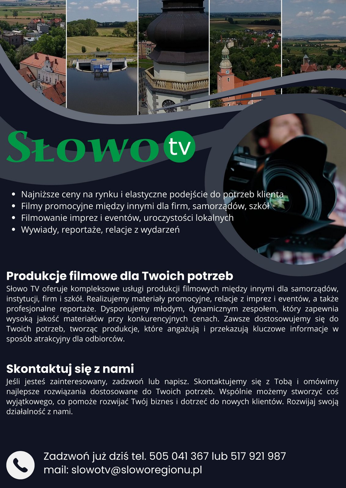 Grafika reklamowa firmy Słowo TV oferującej produkcje filmowe, z panoramą lokalnych budynków i zbliżeniem na kamerzystę z profesjonalnym sprzętem.
