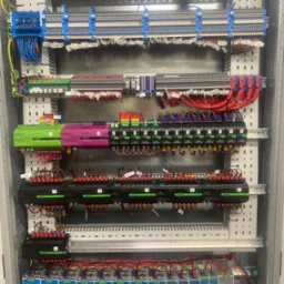 Rozdzielnica elektryczna z modułami Loxone w kolorach zielonym, fioletowym i czarnym, liczne przewody podłączone do listew zaciskowych i zasilaczy NDR-240-24, całość zamontowana w metalowej obudowie.