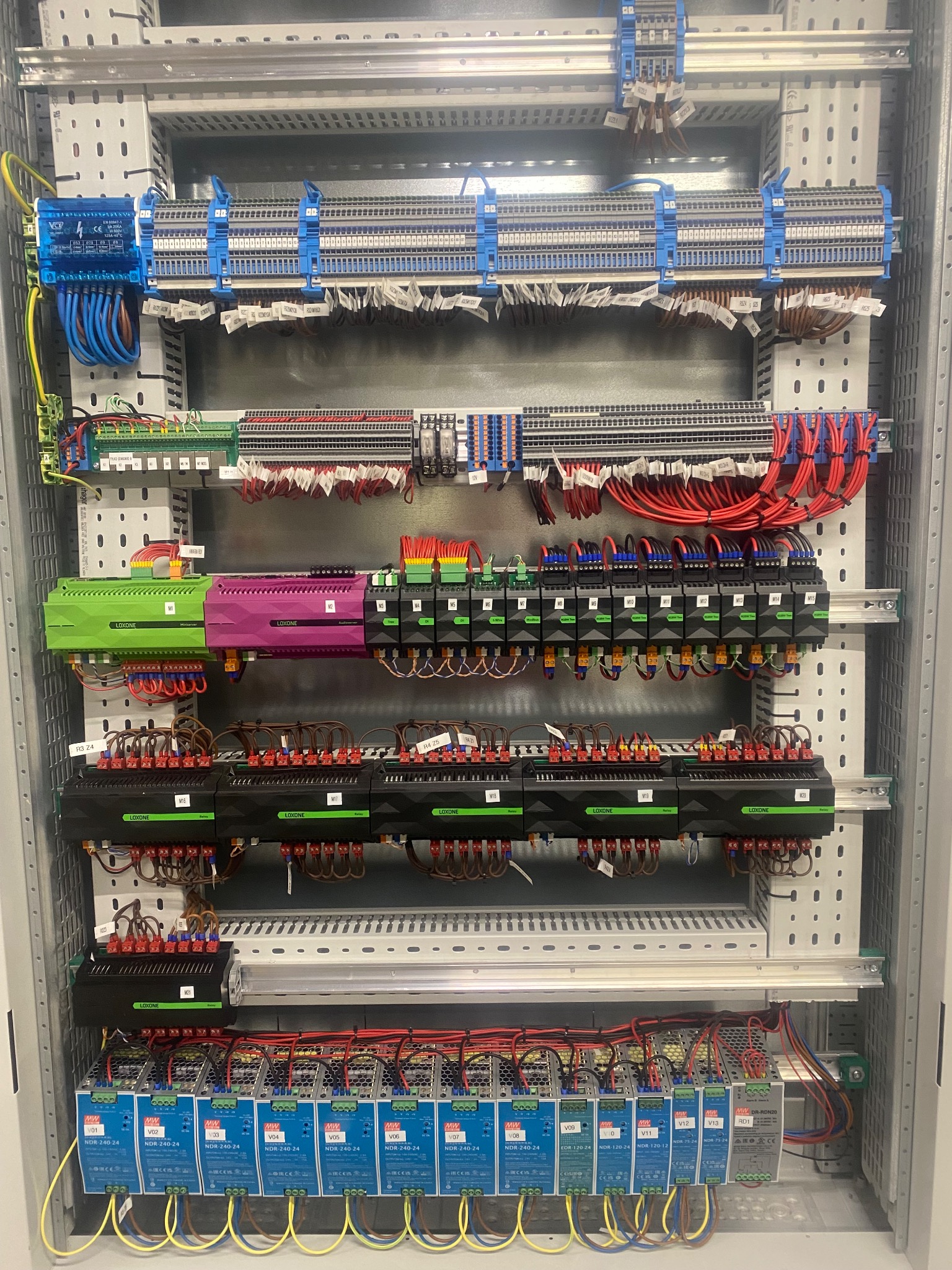 Rozdzielnica elektryczna z modułami Loxone w kolorach zielonym, fioletowym i czarnym, liczne przewody podłączone do listew zaciskowych i zasilaczy NDR-240-24, całość zamontowana w metalowej obudowie.