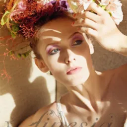 Portret kobiety z kwiatowym nakryciem głowy, leżącej na beżowej sofie, z cieniami na twarzy i delikatnym makijażem w odcieniach różu.