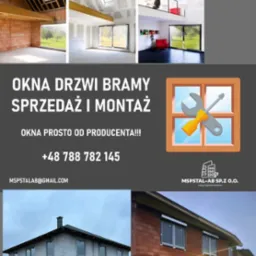 Kompozycja zdjęć przedstawiająca budynki w różnym stadium budowy i wykończenia, z reklamą okien, drzwi i bram, zawierającą logo firmy MSPSTAL-AB Sp. z o.o. oraz dane kontaktowe.