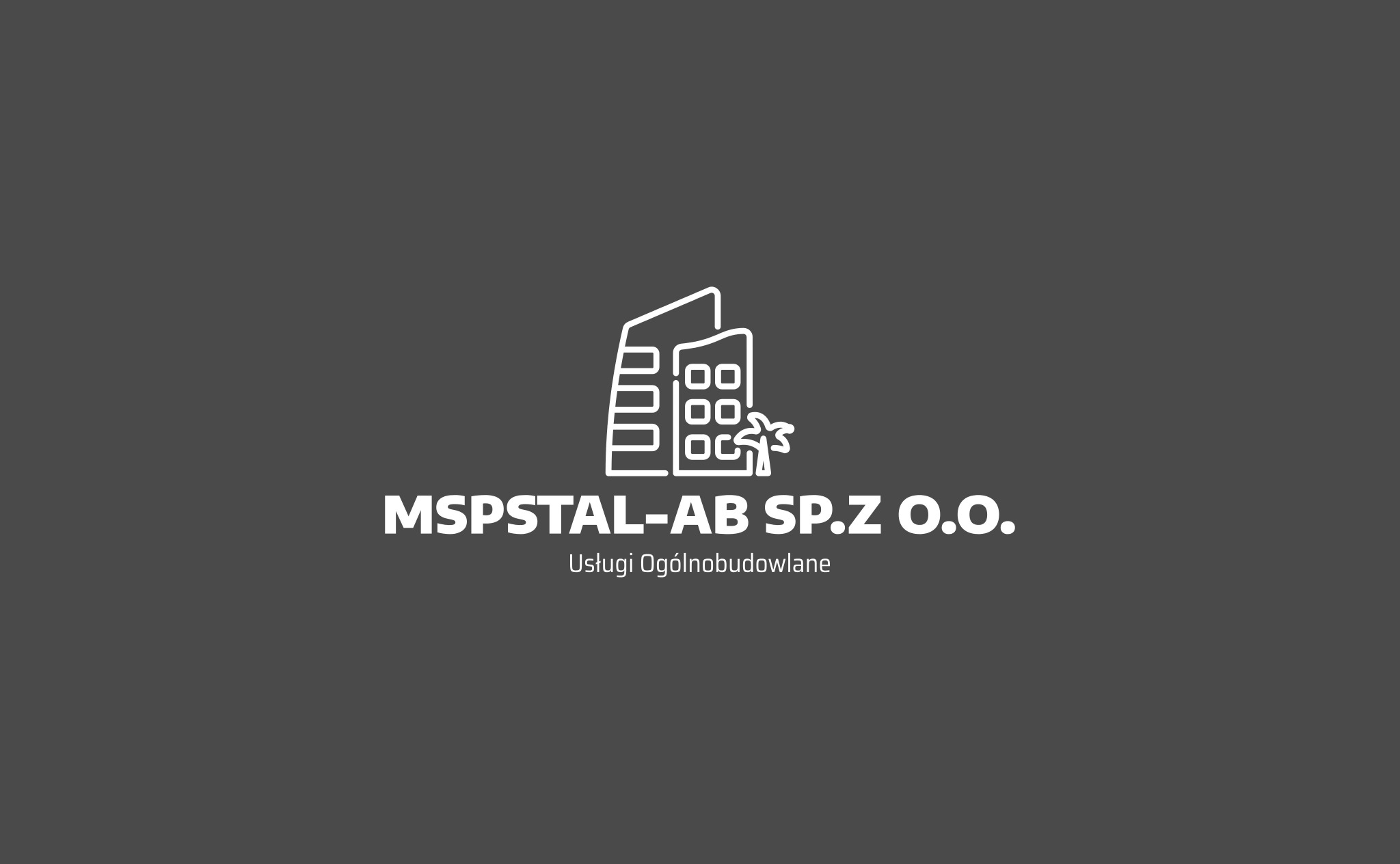 Logo firmy MSPSTAL-AB SP.Z O.O. z ikoną budynków i palmy, oferującej usługi ogólnobudowlane, na szarym tle.