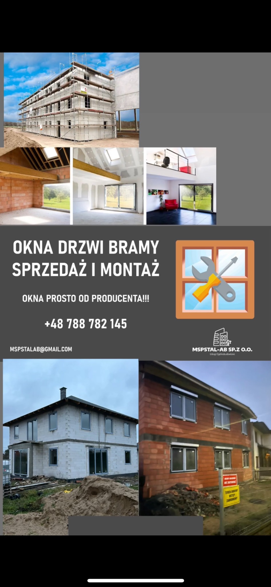Kompozycja zdjęć przedstawiająca budynki w różnym stadium budowy i wykończenia, z reklamą okien, drzwi i bram, zawierającą logo firmy MSPSTAL-AB Sp. z o.o. oraz dane kontaktowe.