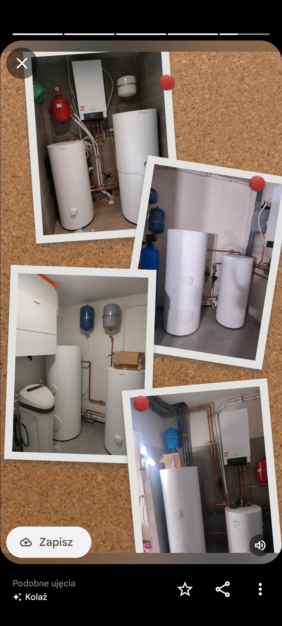 Kolaż zdjęć przedstawiający różne ujęcia kotłowni z zainstalowanym piecem gazowym, zasobnikiem ciepłej wody i instalacją CO z rur miedzianych