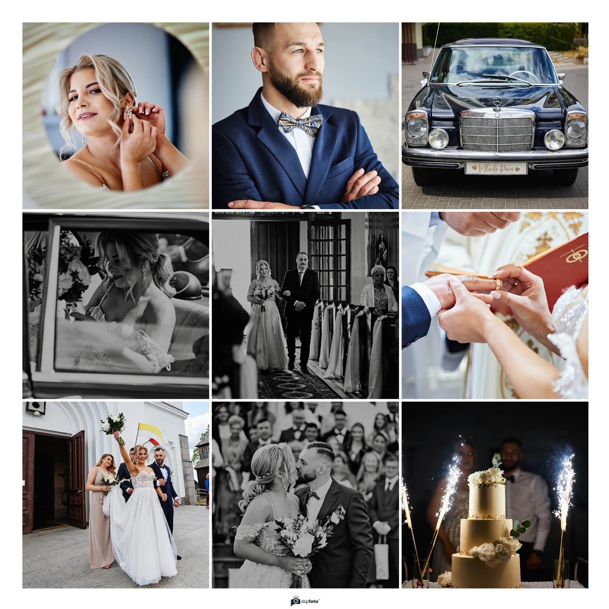 Kolaż z dziewięciu zdjęć ślubnych: panna młoda w lustrze zakłada kolczyk, pan młody w muszce, czarny Mercedes z tabliczką 'Młoda Para', panna młoda w samochodzie, panna młoda prowadzona do ołtarza,...