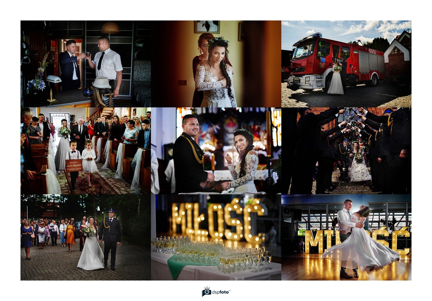 Kolaż zdjęć z uroczystości ślubnej: przygotowania, ceremonia w kościele, wyjście z kościoła, sesja plenerowa z wozem strażackim, pierwszy taniec, dekoracja sali napisem 'Miłość' oraz toast szampanem.