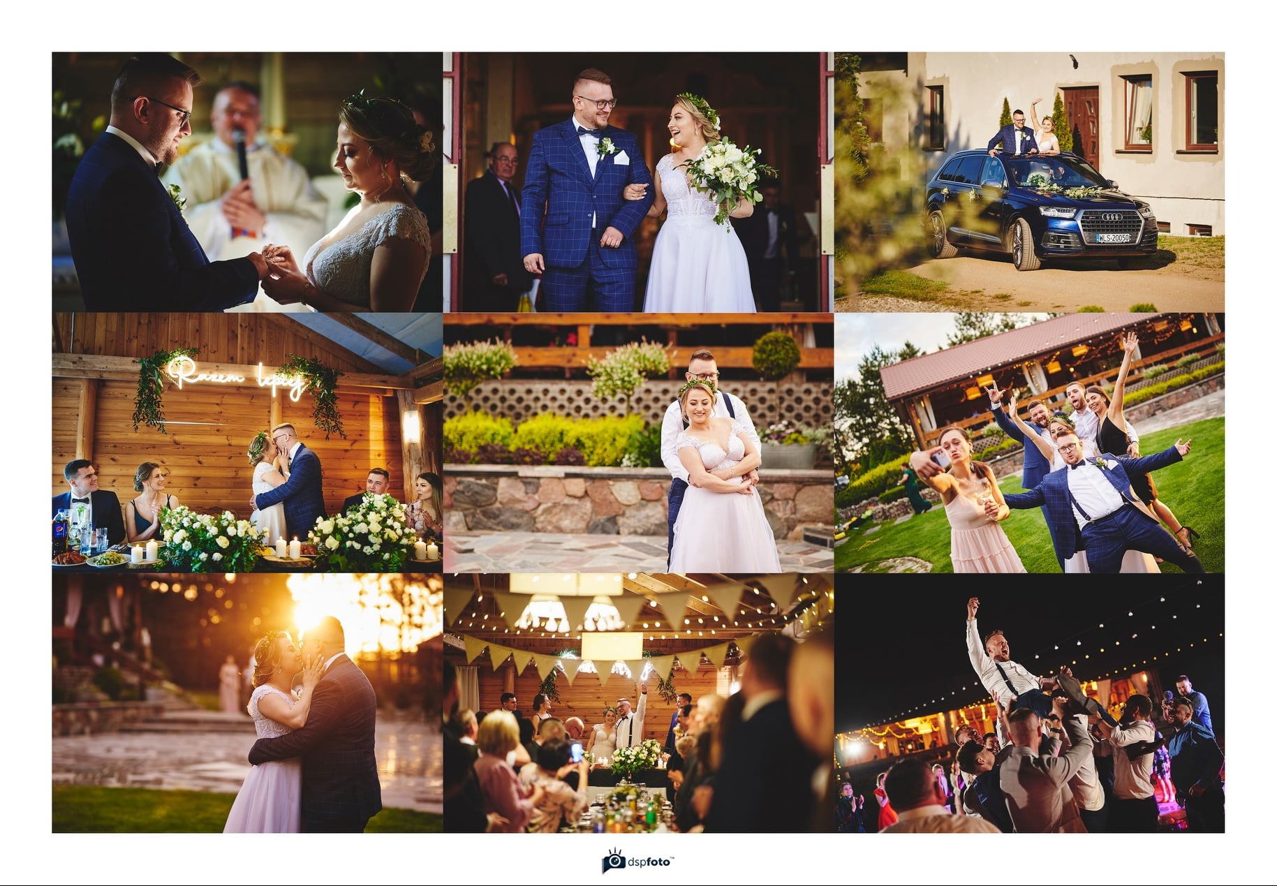 Kolaż z dziewięciu zdjęć z uroczystości ślubnej: wymiana obrączek, nowożeńcy wychodzący z kościoła, para na dachu samochodu, pocałunek pod neonowym napisem, objęcia pary na tle kamiennej ściany...