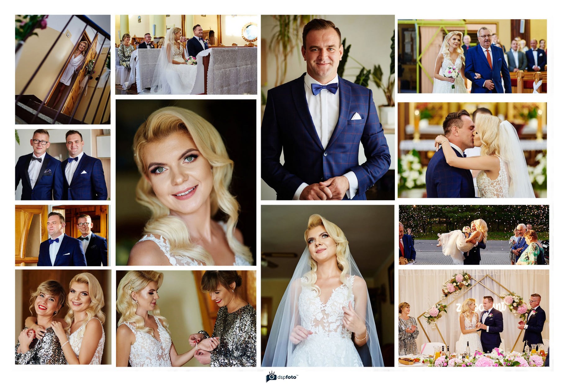 Kolaż z różnych ujęć ślubnych: panna młoda w sukni, para młoda w kościele, pocałunek, przygotowania, portret pana młodego w niebieskim garniturze w kratę, zabawa weselna z konfetti oraz dekoracje...