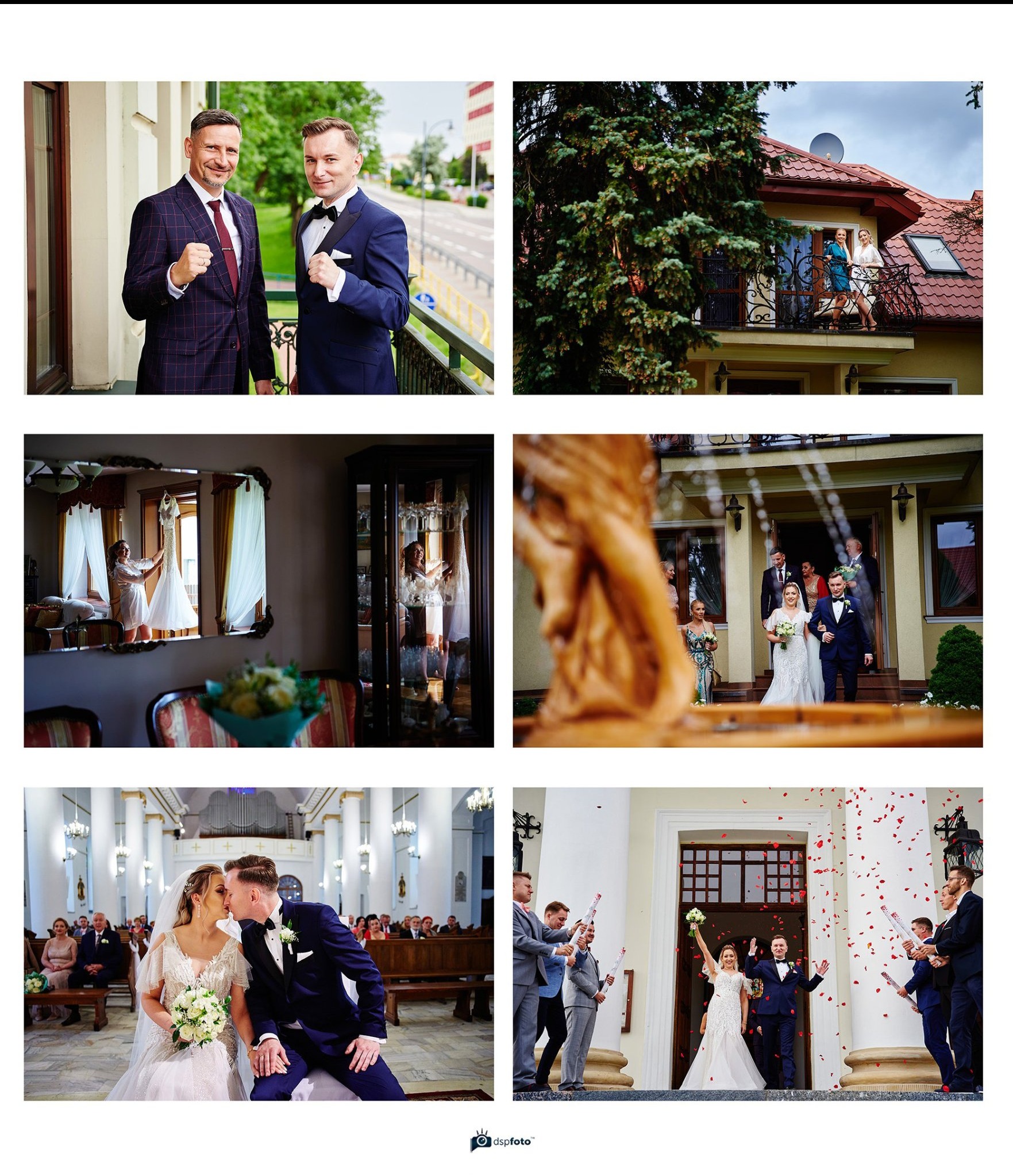 Kolaż z sześciu ujęć z ceremonii ślubnej: przygotowania panny młodej, błogosławieństwo rodziców, pocałunek w kościele i wyjście pary młodej z kościoła obsypywane konfetti.