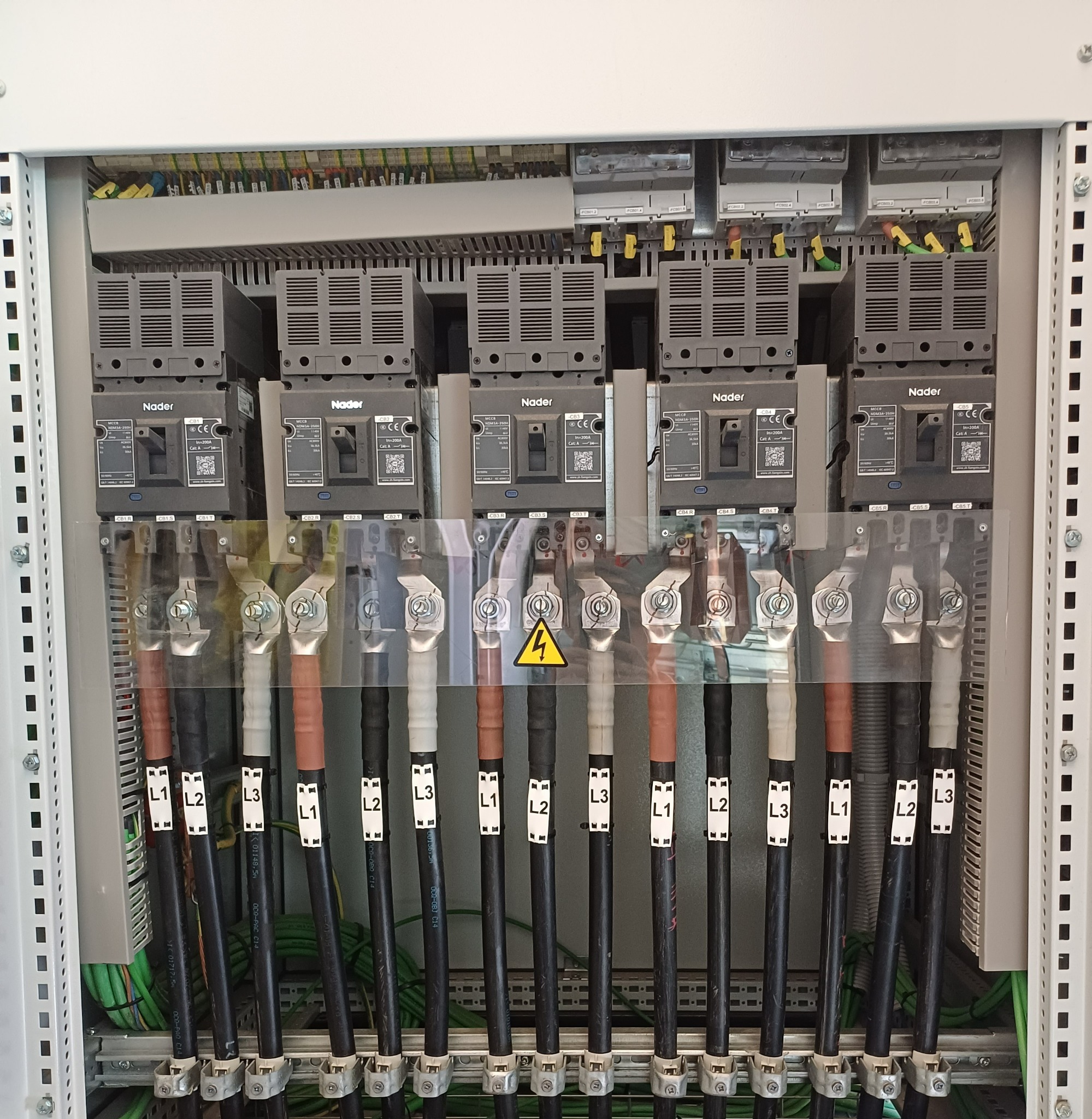 Rozdzielnia elektryczna z zabezpieczeniami Nader, okablowaniem oznaczonym L1, L2, L3 i żółtym symbolem ostrzegawczym wysokiego napięcia na przezroczystej osłonie.